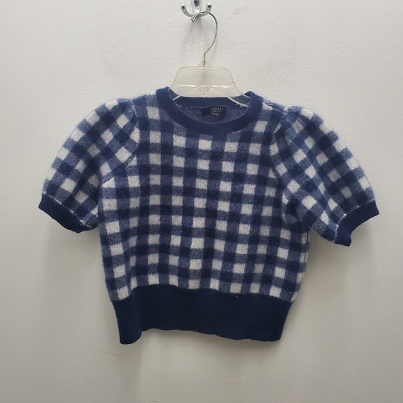 100% Cashmere Plaid Puff Short Sleeve Sweater Fuzzy Soft  Size L - Picture 2 of 12